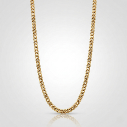 Vue alternative, du collier en placage or 18K sur acier inoxydable, signe WB Paris (Westaff Bijouterie). Chaine aux maillons reguliers, port au cou ; on remarque la brillance polie miroir et l'epaisseur nette de la maille. Style chic, ideal unisexe — cadeau fete des peres. Recherches : acier dore, bijou plaque or 18k, cadeau fete des peres, pas cher. Plaque or 18K sur acier, resistant a l'eau. Cadeau fete des peres a offrir toute l'annee.