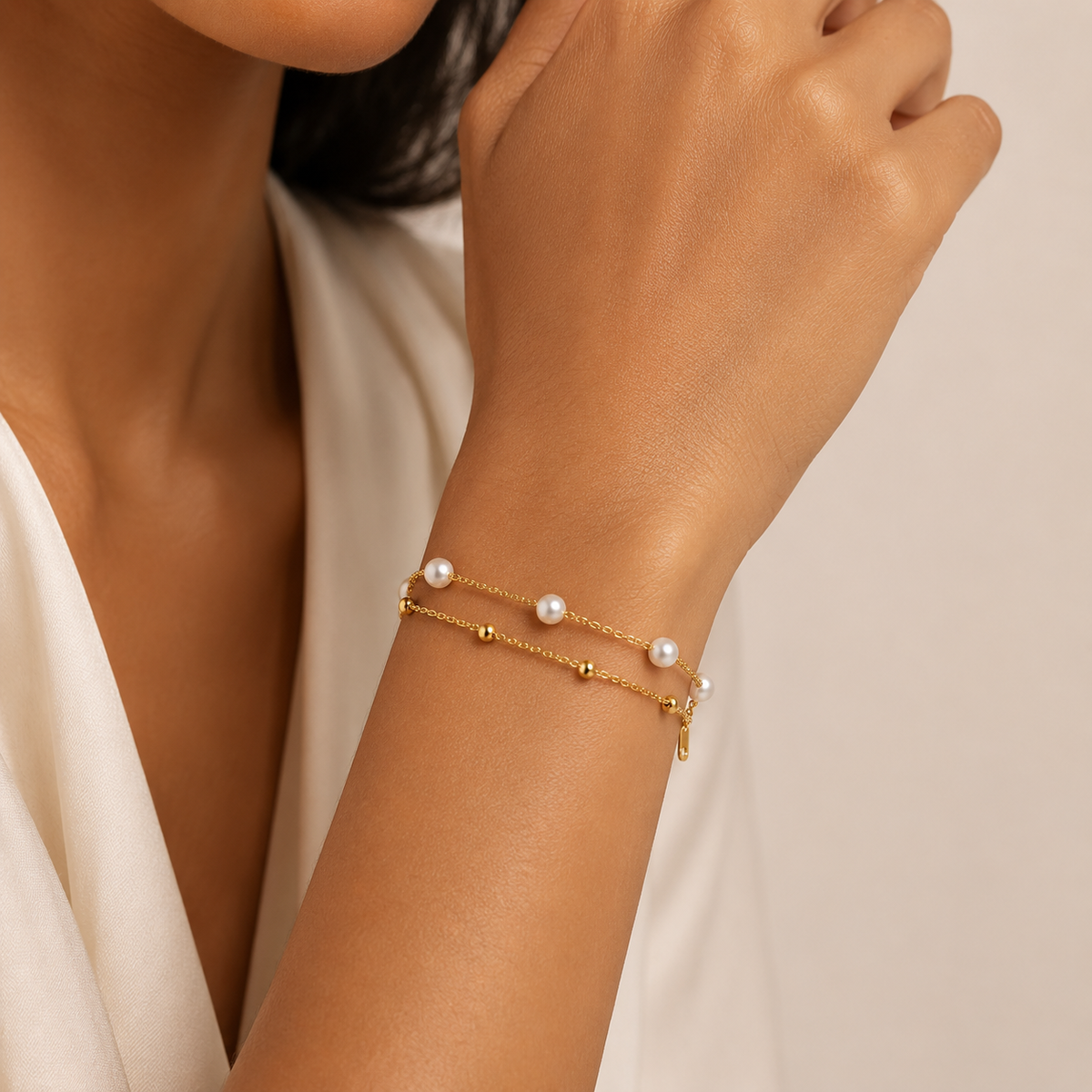 Bracelet Léda – Double Rang Perles Plaqué Or