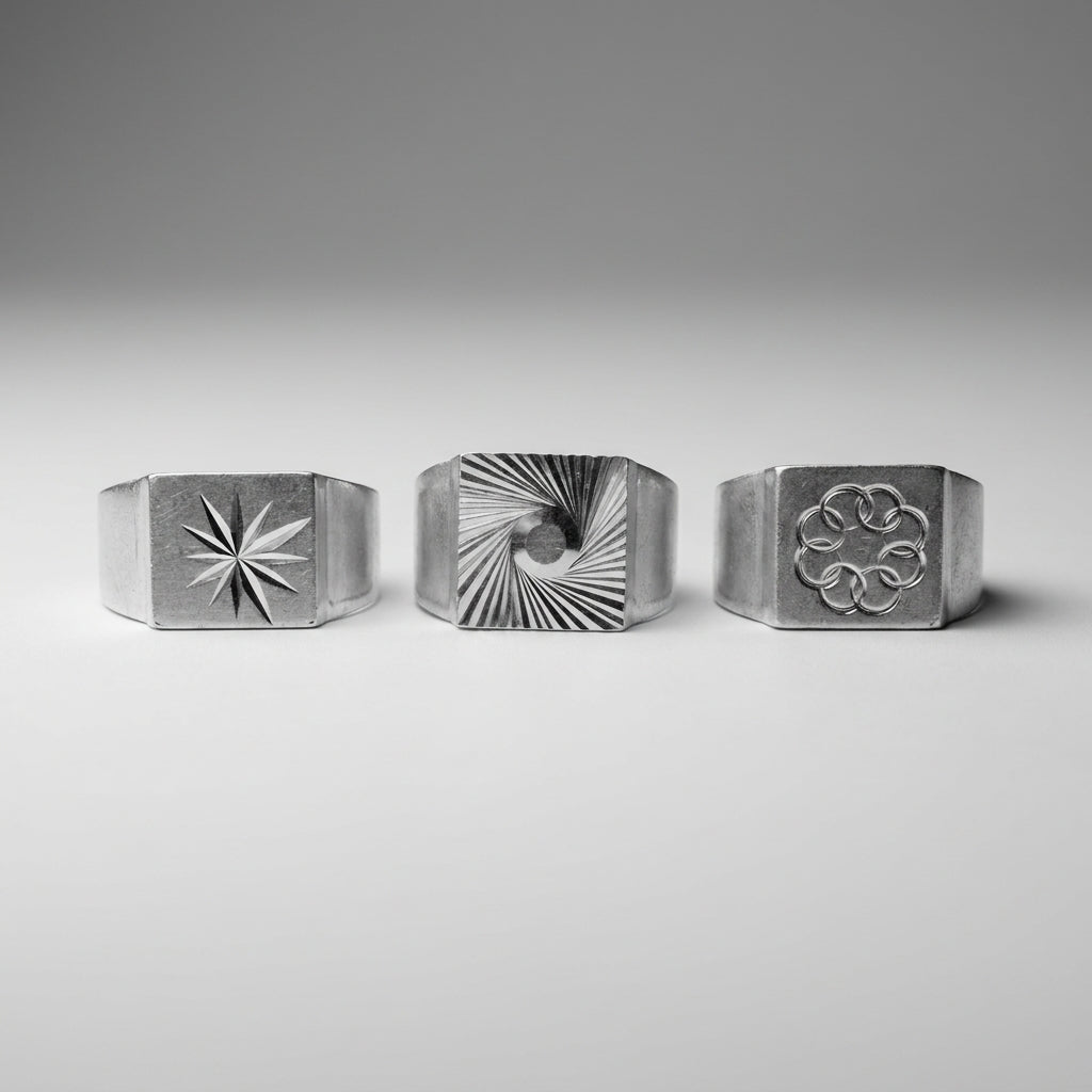 Chevalières aluminium Le Tirage : motifs Étoile, Vortex et Anneaux