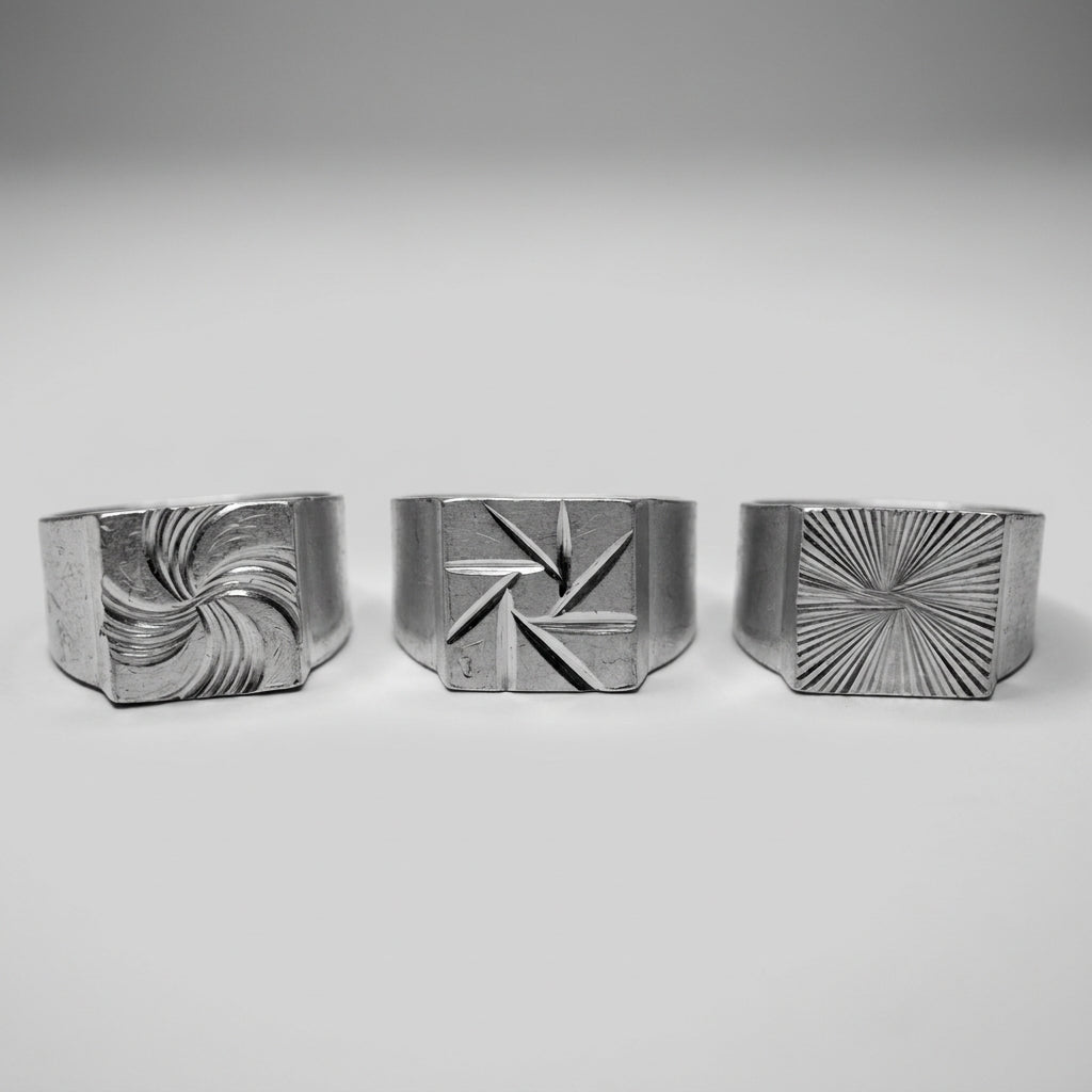 Chevalières aluminium Le Tirage : motifs Spirale, Hélice et Rayon