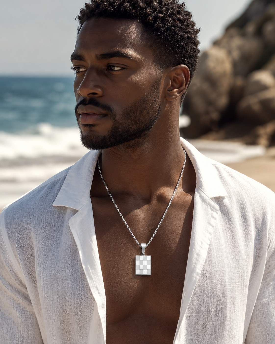 Collier Pendentif Damier Homme – Argent